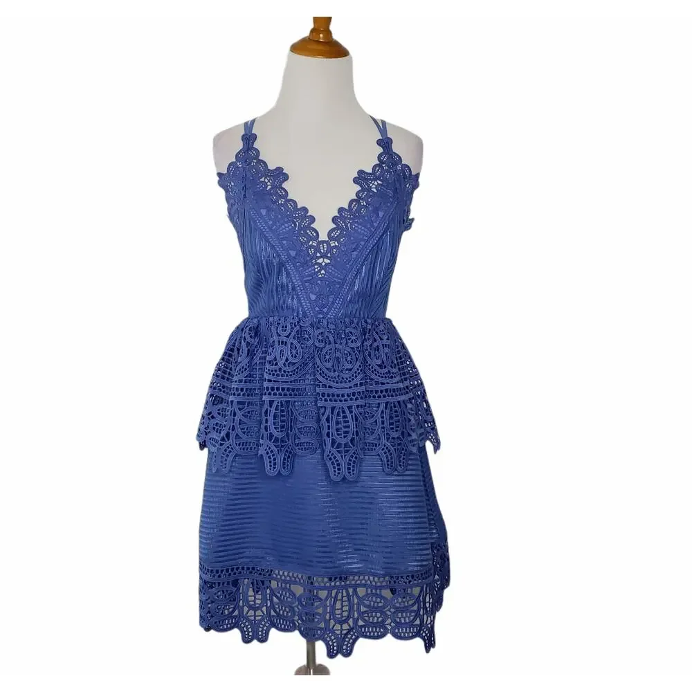 NEW self-portrait Lace Peplum Dress Blue Plunging Neck Revolve Women 2 - Picture 2 of 15